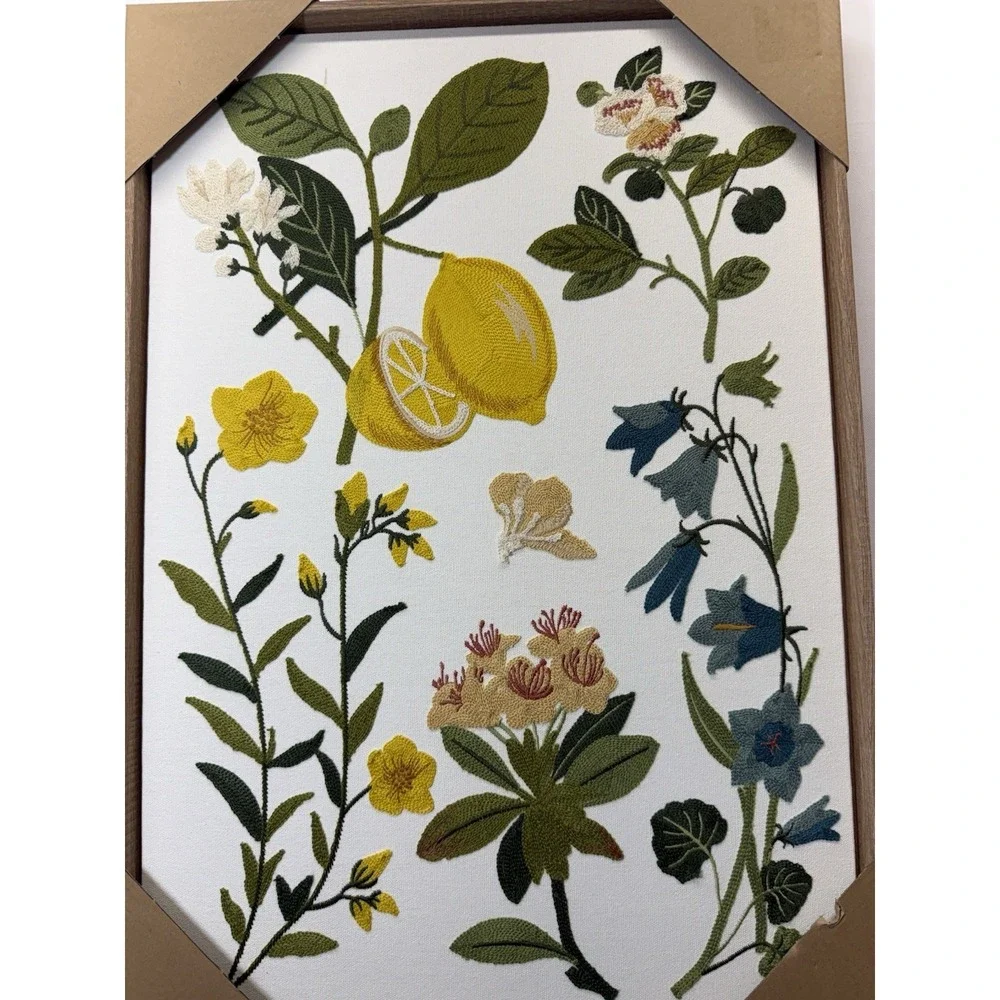 BP Home Woven Artistry Wall Art Decor Embroidered Plants Lemons  18x26 NWT